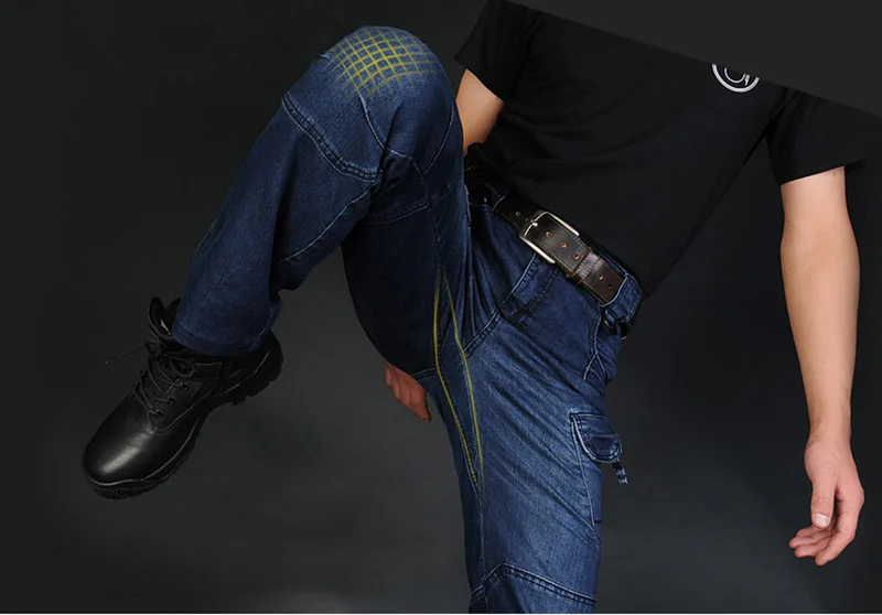 Mcikkny High Quality Men Cargo Tactical Jeans Pants Motorcycle Elastics Waist Denim Trousers For Male Multi Pockets  (4)