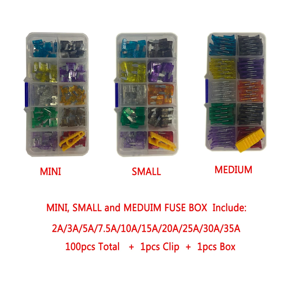 Car Fuses Kit Combination Car Fuse 50/100PCS Assortment Set for Auto Blade Type Cars Fuses 2/3/5/7.5/10/15/20/25/30/35A with Box and Clip car fuses kit