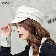 USPOP, новинка, зимние женские кепки, одноцветные, ПУ, газетные кепки, женские, белые, винтажные, с козырьком, шапки с плоским верхом, военные шапки