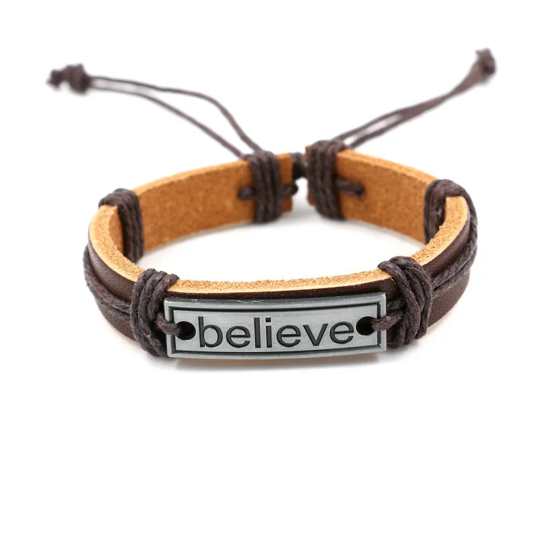 Vintage Letter Believe Leather Adjustable Bracelet Woven Bracelet for Men and Women Fashion Simple Gift Jewellery Wholesale