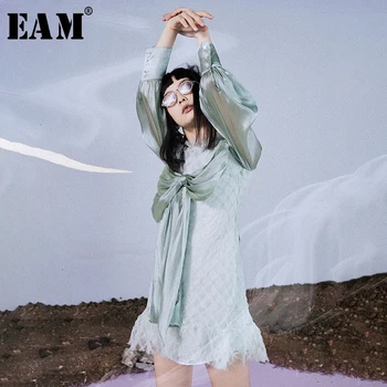 

[EAM] Women Green Mesh Ruffles Split Temperament Dress New Stand Collar Long Sleeve Loose Fit Fashion Spring Autumn 2020 1H545