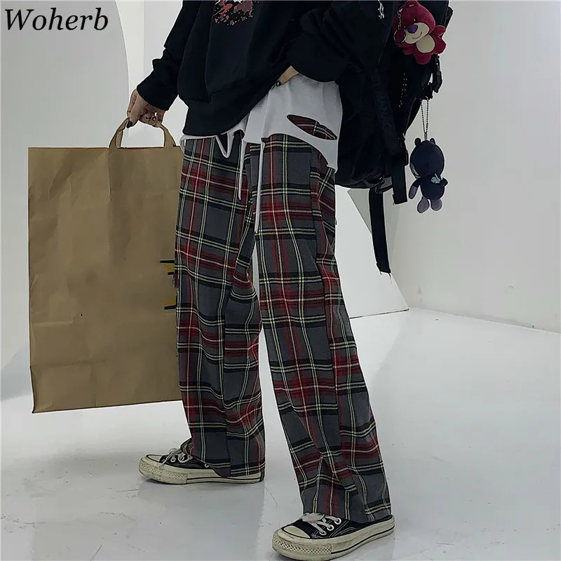 Woherb Harajuku, уличная одежда, прямые широкие брюки в клетку, женские повседневные свободные модные брюки для женщин, корейский стиль, новинка 91395