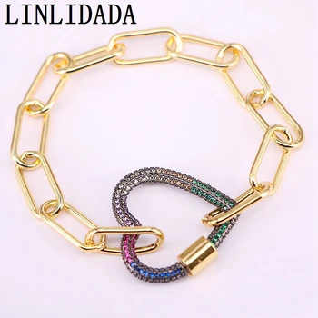 

3Pcs New design Gold Plating bracelet,colorful cz pave heart screw clasp component,popular rosary chain bracelet