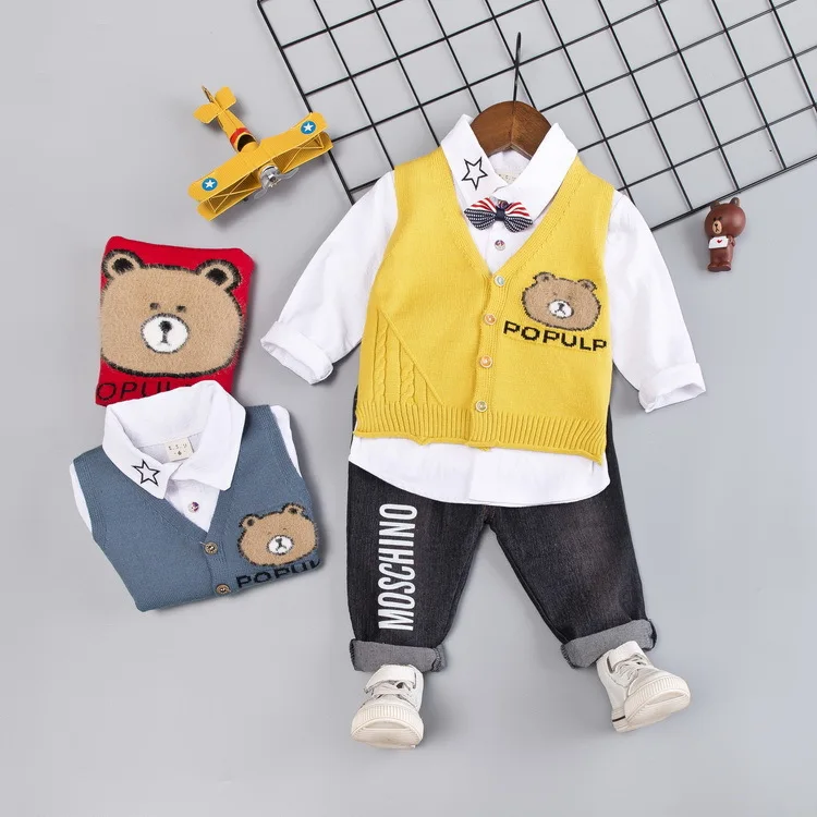 

Cartoon Cute Little Bear Lettered Sweater Waistcoat Shirt Three-piece Set 2020 Spring And Autumn Children Baby