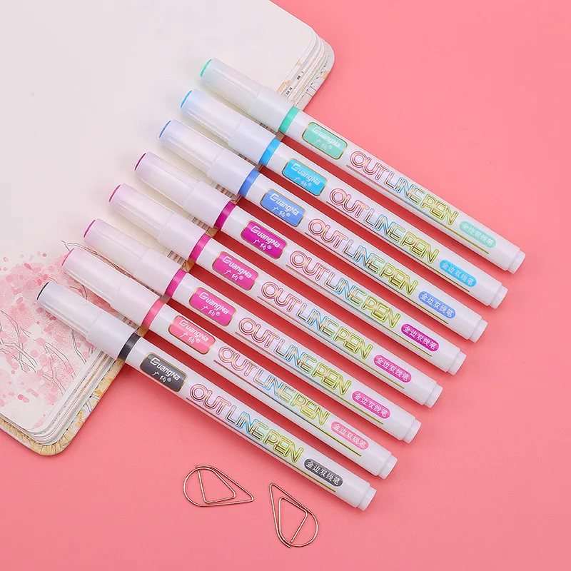 8 Color Double Line Pen Kawaii Art Markers for Drawing Creative DIY Markers Colored Signing Pen Water-based Metallic Marker Pens