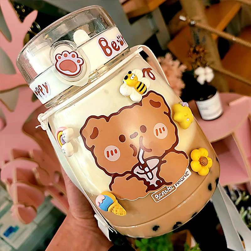 1300ml Kawaii Milk Tea Bear Bottle With Straw Outdoor Sport Large Capacity  Plastic Drinking Water Bottle Double Drink Juice Cups