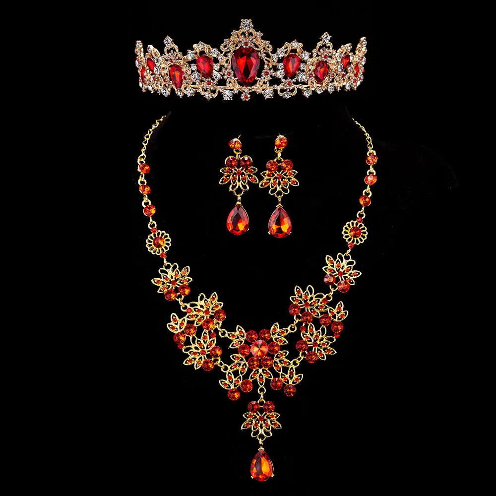 KMVEXO 3 шт. Роскошные барокко большие стразы свадебные ювелирные наборы Золото Кристалл Корона Диадемы себе ожерелье серьги комплект