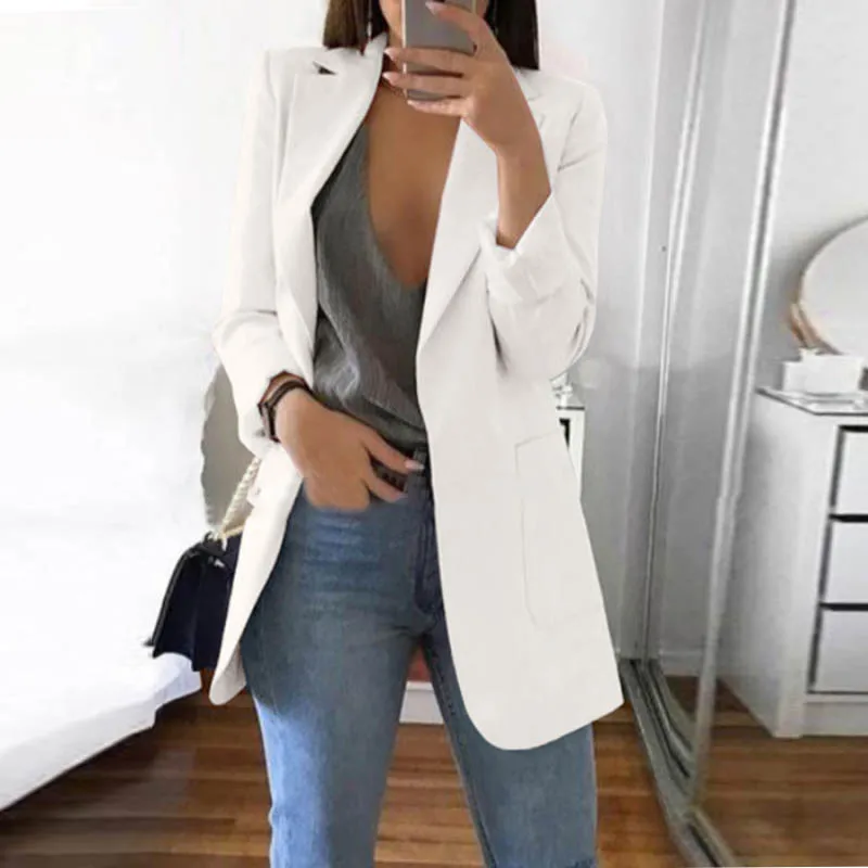 White Elsvios 5XL Женская Осенняя деловая куртка весенний офисный женский узкий пальто Верхняя одежда Повседневная с длинным рукавом базовые Топы chaquetas mujer - Цвет: White