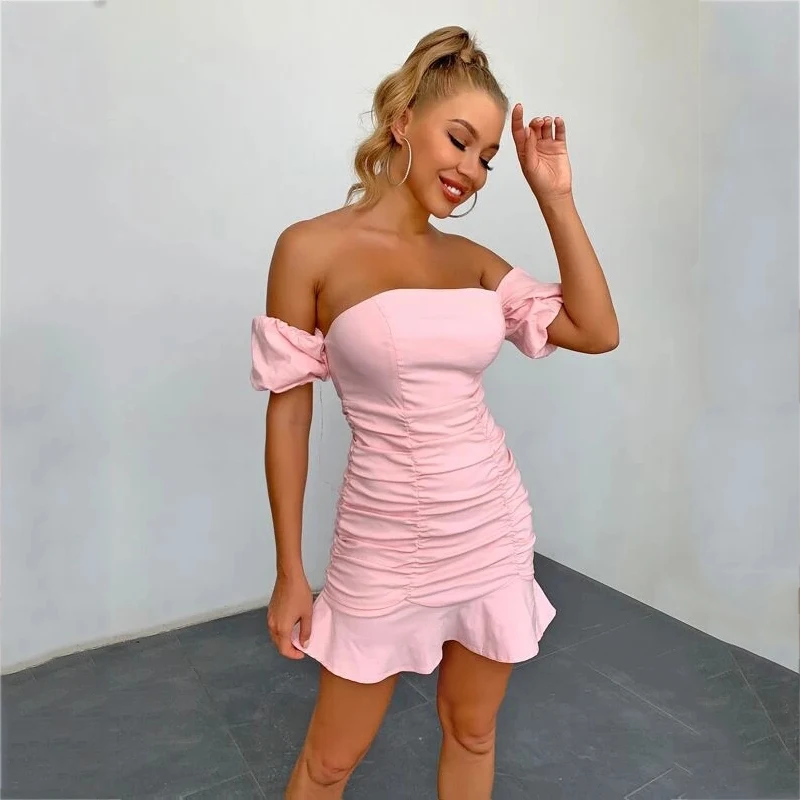 

Sexy Fold Stitching Ruffled Slim-Fit Top Dress High Waist Tight-Fitting Off Shoulder Puff Sleeve 2021 Summer Women's Clothing