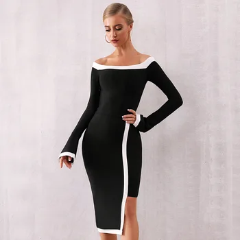 

Bandage Long Sleeve Black Dress Top Quality Sexy Fashion Vintage Night Club Evening Party Dresses Bodycon
