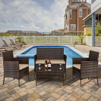 

4 IN 1 Garden Patio Furniture Set 2PCS Arm Chairs Love Seat Tempered Glass Coffee Table Outdoor Rattan Sofa USA Fast Shipping
