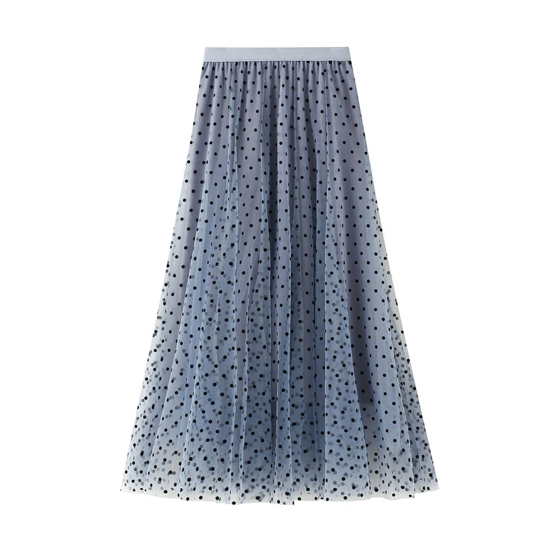 OHRYIYIE Autumn Winter Black Polka Dot Tulle Skirts Women 2023 New Casual Elastic High Waist A-line Skirt Female Mesh Mid Skirt