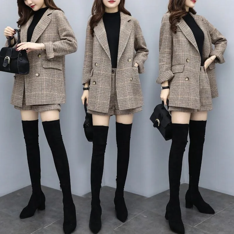 

2019 New Style WOMEN'S Dress Autumn And Winter Two-Piece Pants Woolen Jacket Thousands of Birds Suit Shorts Casual Fashion WOMEN