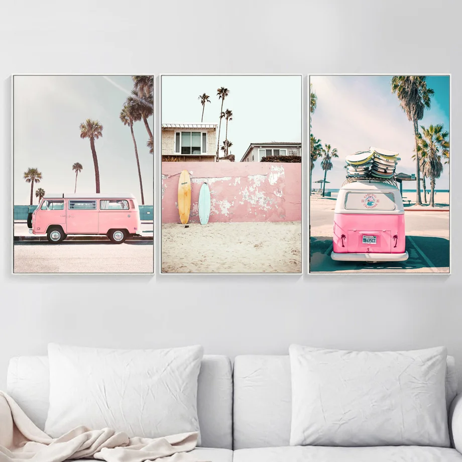 Pink-Bus-Sky-Sea-Beach-Coconut-Palm-Quote-Nordic-Posters-And-Prints-Wall-Art-Canvas-Painting (1)
