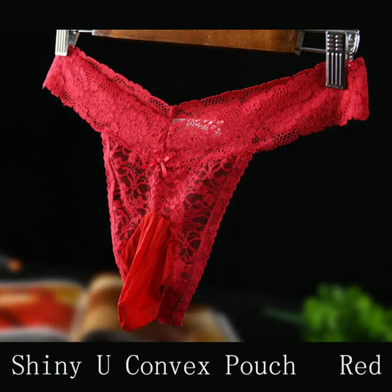 Sexy Men Lace Convex Pouch G-string COCK Ring Sexy Thong Hollow Out Sheer Underwear T-back Erotic Lingerie Gay Wear Plus Size F1