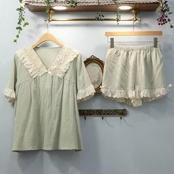 

2020 New Womens Pajamas Set V-neck Summer Cotton Pyjamas Cute Lace Short Sleepwear Girls Comfortable Home Clothes