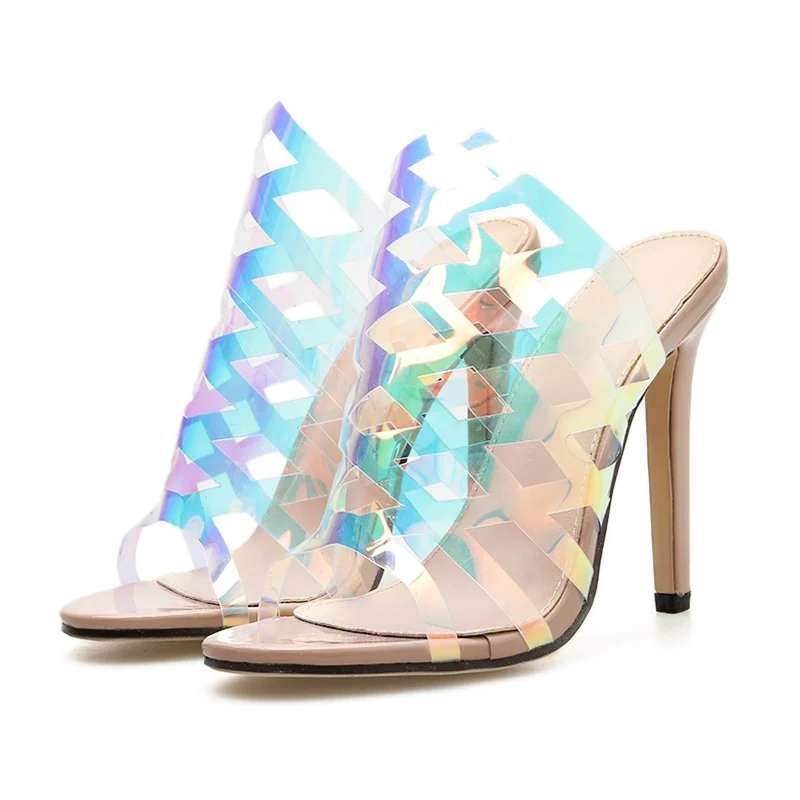 

2019 Women 11.5cm High Heels Luxury Design Mules Transparent PVC Hollow Slides Female Fetish Casual Slipper Rainbow Summer Shoes