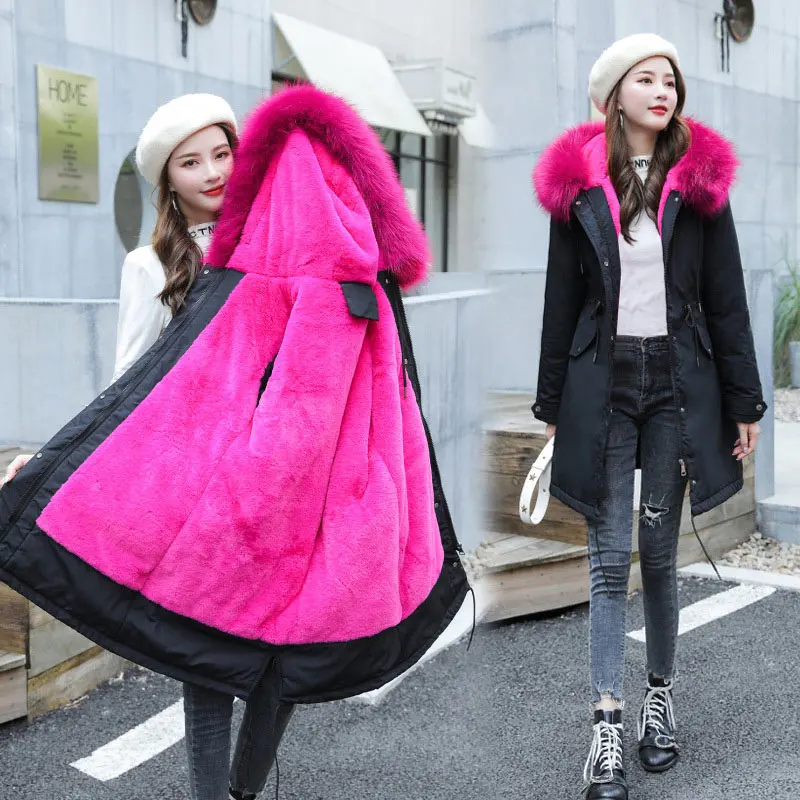 Зимнее женское пальто, новинка, распродажа, теплая куртка, Женская парка, меховой воротник, толстая, с капюшоном, размера плюс, длинная куртка, Женское пальто - Цвет: Rose