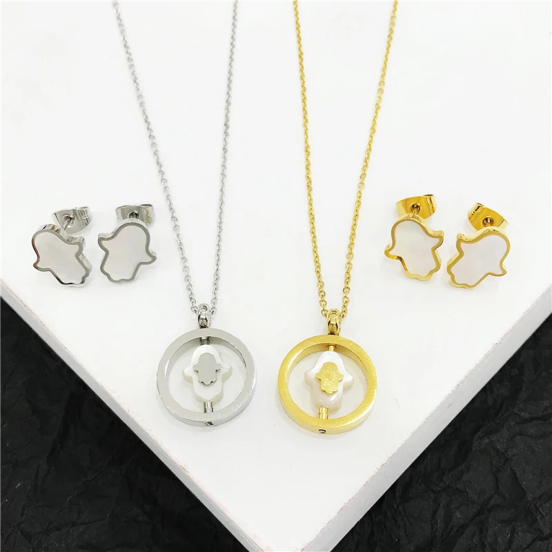 

Round Natural shells Pendant Fatima Hand Necklace Stainless steel Women Choker Necklace Earings Jewelry Sets Fashion Choker