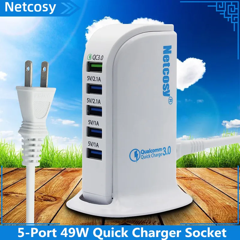 

Netcosy 5-Port 49W Quick Charger QC 3.0 QC 2.0 USB Quick Charger Socket USB Charger Universal Suitable Home And Office US EU UK