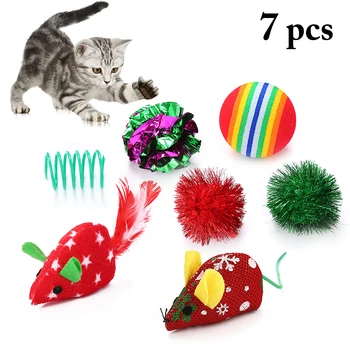 

7pcs Cat Toy Interactive Cat Toys Play Ball Training Pet Supplies Spring Cat Teaser Little Mouse Realistic Mice for Christmas