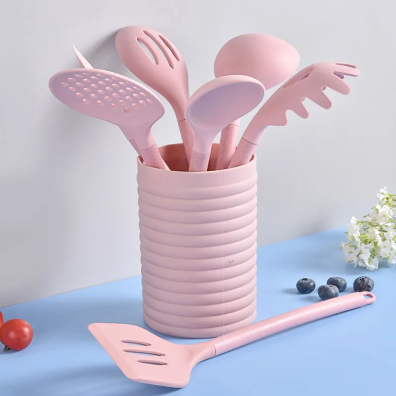 Pink Silicone Utensils Set With Plastic Holder