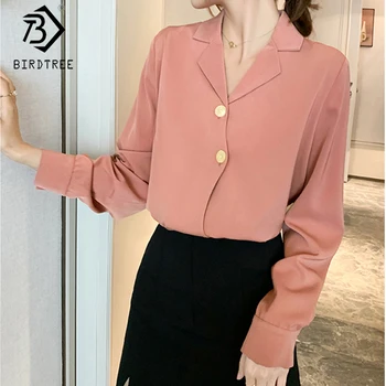 

Women Shirts 2020 Spring Autumn Notched Full Sleeve Single-breasted Chiffon Blouses Loose Tops All Match T05004K