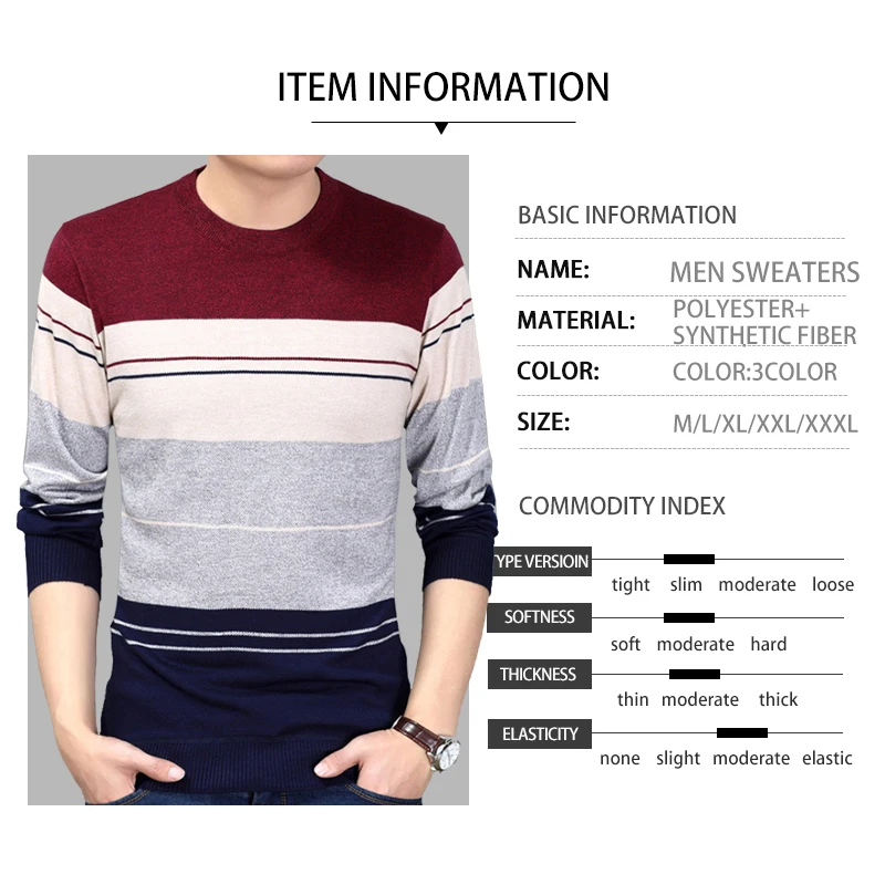 Low Price 2020 Autumn Casual Men's Sweater O-Neck Striped Slim Fit Knittwear Mens Sweaters Pullovers Pullover Men Pull Homme M-3XL