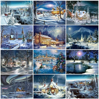 

MomoArt Diamond Painting House 5D DIY Full Square Diamond Embroidery Landscape Cross Stitch Snow Wall Decoration