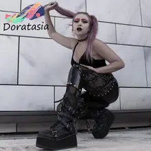 DORATASIA-Botas de plataforma con cuña y punta redonda para mujer, zapatos negros con cordones y hebilla, estilo Punk gótico, talla grande 43