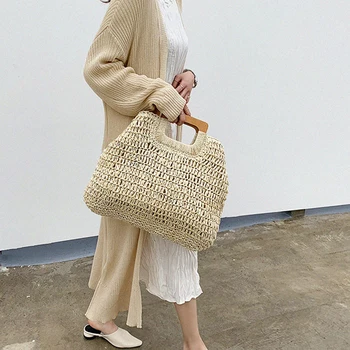 

Literary retro large capacity straw bag wooden handle shoulder bag simple hand woven beach bags female handbag 01-SB-bsstbz