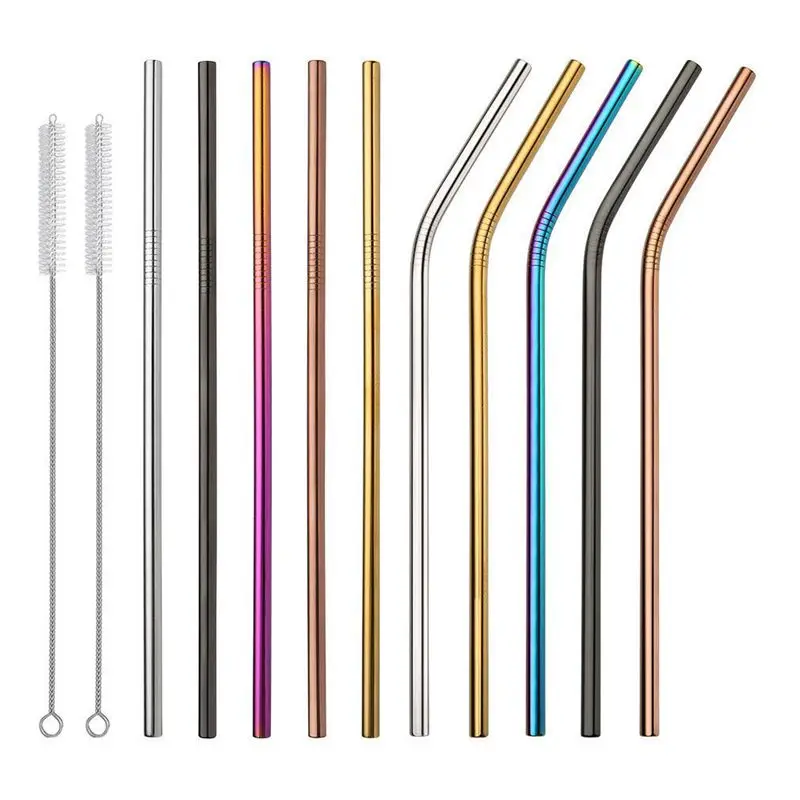 Reusable Stainless Steel Straws Set of 10 Extra Long 10.5inch Metal Drinking With 2 Brushes and Carry Bag Environment-Fri | Дом и сад
