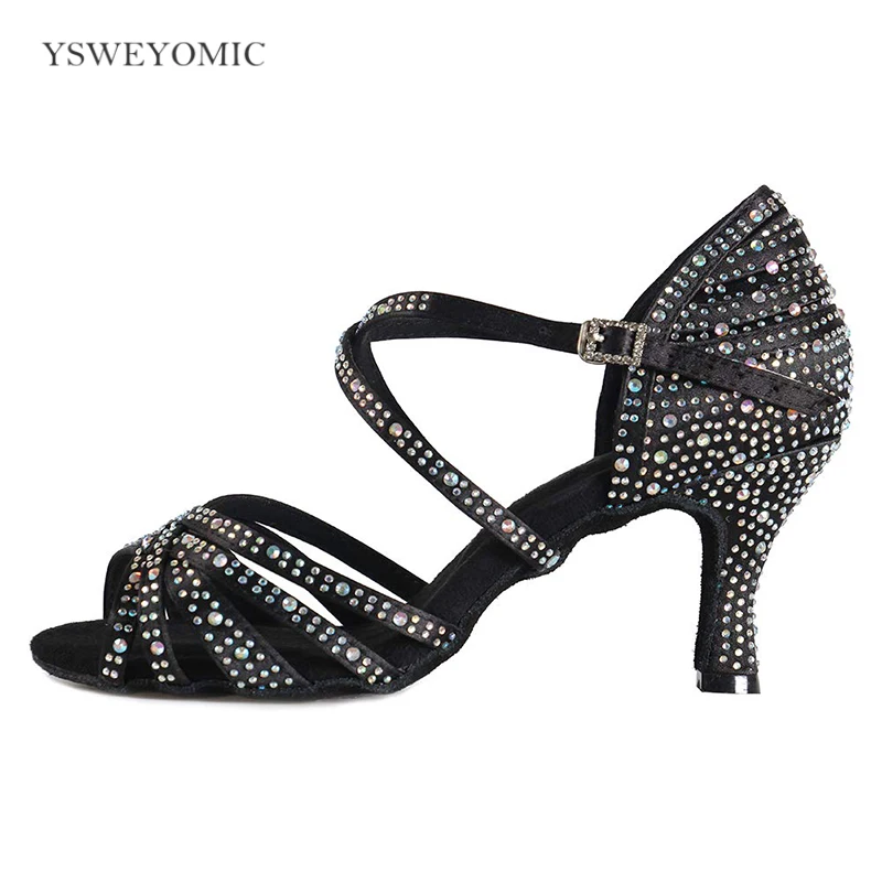 Black Rhinestones Satin Dance Shoes Suede Outsole 2021 Autumn Style Ballroom Salsa Women Latin Dancing Shoes
