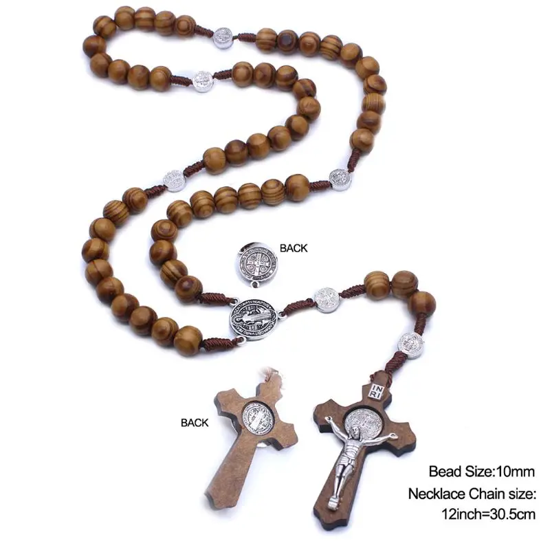 Fashion Handmade Round Bead Catholic Rosary Cross Religious Wood Beads Men Necklace Charm Gift