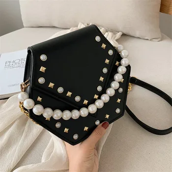

TOYOOSKY New Arrrival Women Bag Hexagon Shape Pearl Small Square Bag Rivet Shoulder Crossbody Bag Pu Leather Slung Handbag