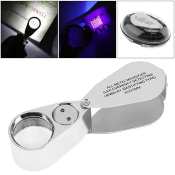 

40X 25mm Metal+Acrylic Optical Lens Foldable Portable Magnifier with 2 LED Light and UV Light Jewelry/Diamond/Banknote Checking