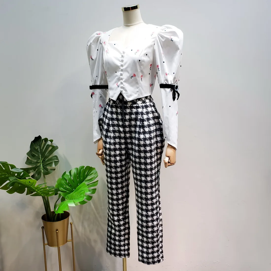 L77street Square collar puff sleeve thin button decoration super fairy bow small floral short slim shirt shirt women