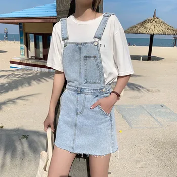 

2020 Summer Blue Spaghetti Strap Pockets Short Jeans Skirts Womens Casual Fashion All-match Korean Style Denim Jumpsuit Skirt