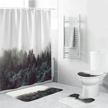 

Green Forest Straight Pine Cloud Fog Shower Trees Curtains Bathroom Curtain Waterproof Polyester Fabric for Bathtub Home Decor