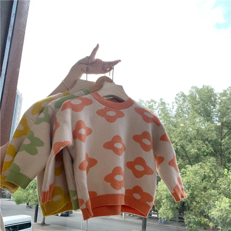 You mao mi/ г. Осенний стильный милый вязаный пуловер в западном стиле с вырезом лодочкой и цветами Детский свитер
