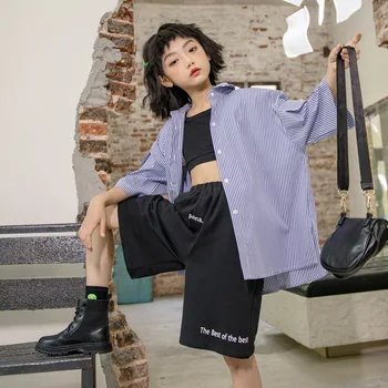 

Blue Striped Blouses Teenage Girls Cotton Half Sleeve Single Breasted Shirts Top For Kids Preppy Style Blouse Baby Girl Clothing