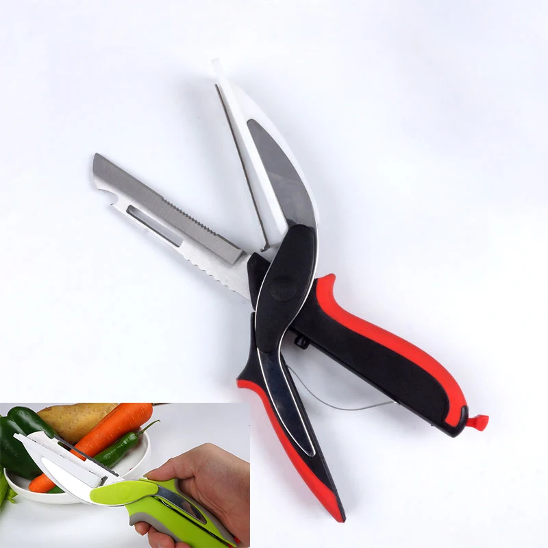 

Multi-function kitchen cutlery 2 in 1 detachable stainless steel fruit knife with chopping board vegetable cut food scissors