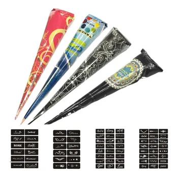 

4 Pcs Tattoo Ink Ointment Party Colored 4 Sheets Tattoo Template Natural Organic Sweatproof Henna Cones Paste Body Art Cream