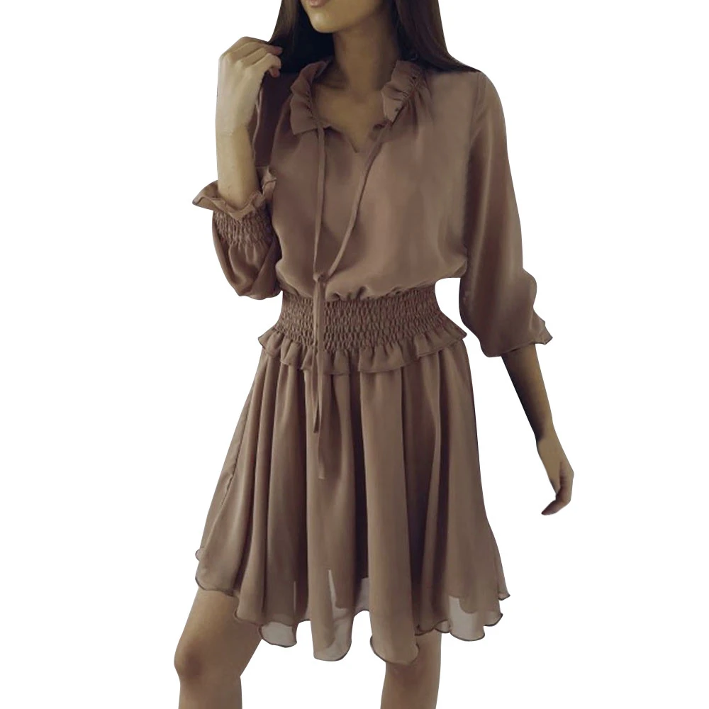Women Fall Long Sleeve Dress Elegant Party Female Chiffon Dress O Neck Solid Pleated Casual Office Winter Vestidos Mujer 807