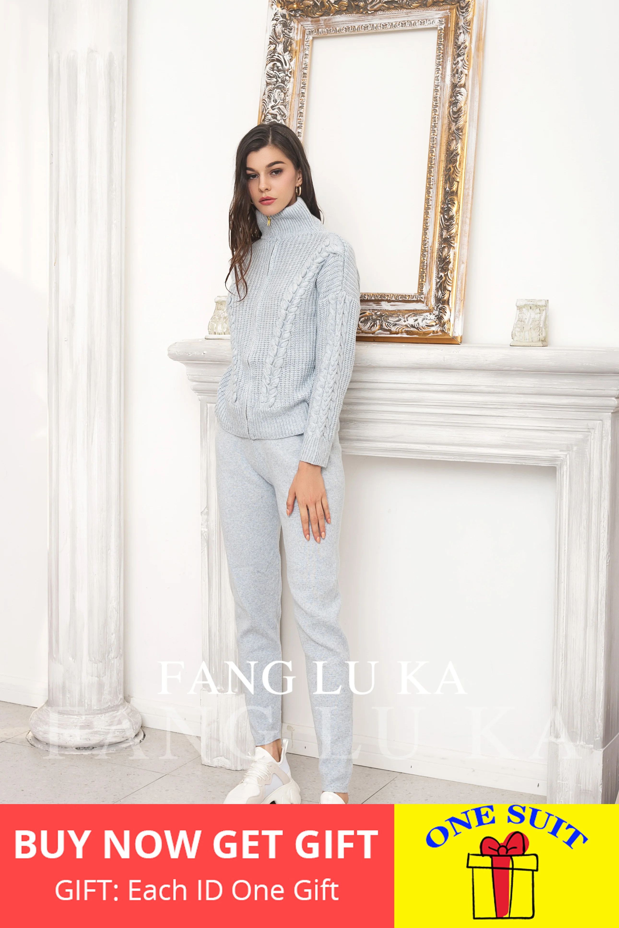 

Fashion cashmere wool knitting suit two piece set new women's Zipper Cardigan And Knitted Trousers Two-piece