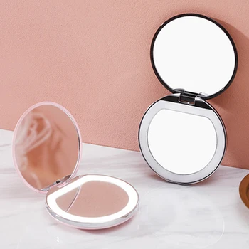 

Mini Makeup Mirror with LED Light Compact Handheld Illuminated Folding Round Mirror for Home Travel @ME88