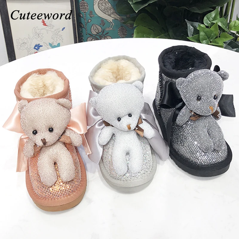 

Winter Boots Children Baby Girls Snow Boots Cartoon Bear Plus Velvet Warm Kids Cotton Shoes Non-slip Sequin Princess Girls Shoes
