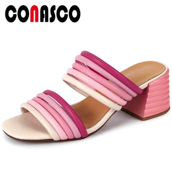 

CONASCO Summer New Fashion Casual Genuine Leather Women Sandals Slippers Pumps Narrow Band Thick High Heels Peep Toe Shoes Woman