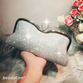 

Crystal Diamond Studded Women Fashion Shell Shape Evning Bag Sequin Cloth Metal Frame Cluch Purse Chain Strap Lady Party Handbag