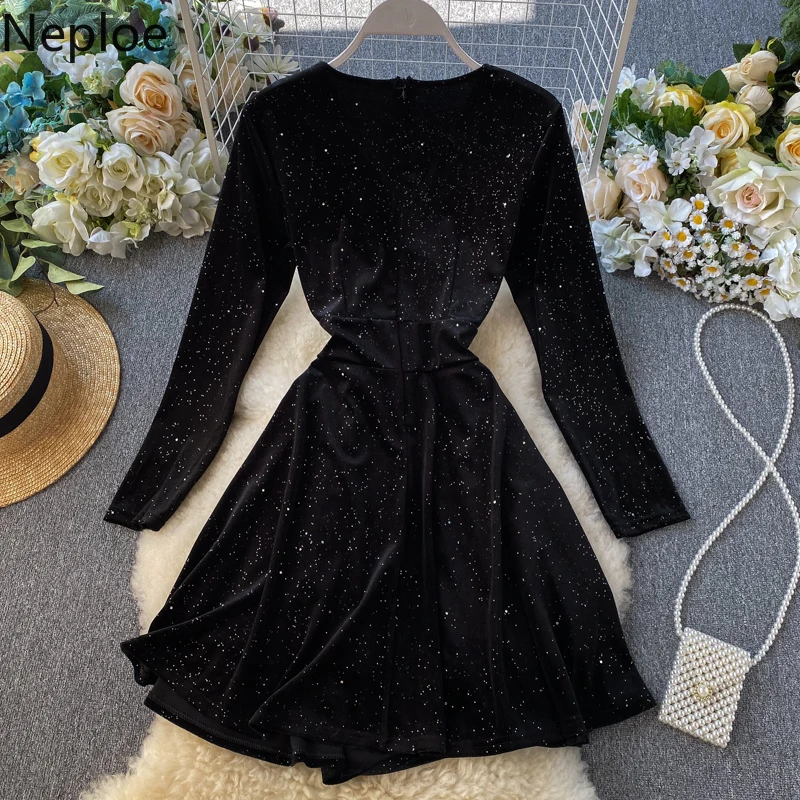 Neploe Autumn Winter New Elegant Retro Velet Dress Party High Waist Hip A Line Vestido Long Sleeve Lace Black Ropa 47005